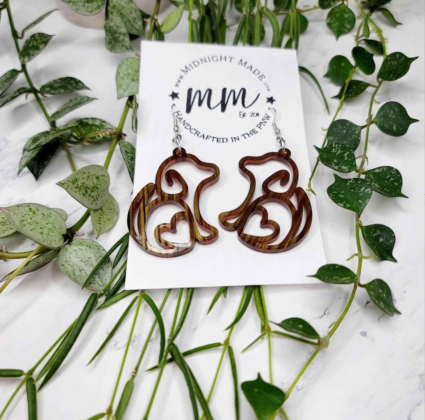 Puppy Dog heart Dangle drop Earrings Midnight Made