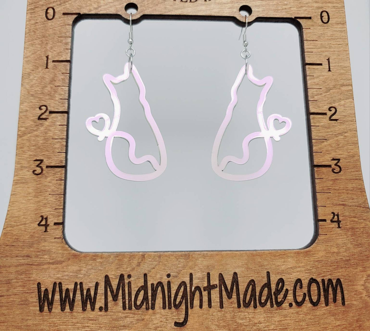 Kitty cat holographic iridescent white kitten heart tail Dangle drop Earrings