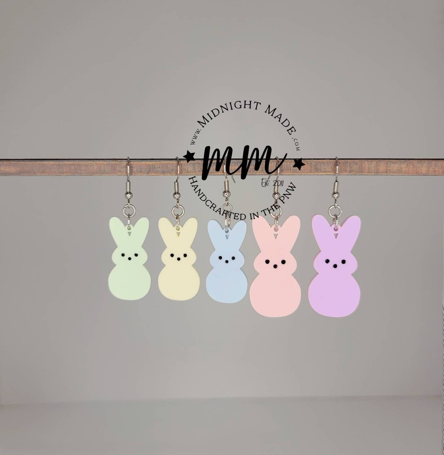 Peep Easter Earrings. Marshmallow bunny drop dangle earrings. Midnight Made Easter