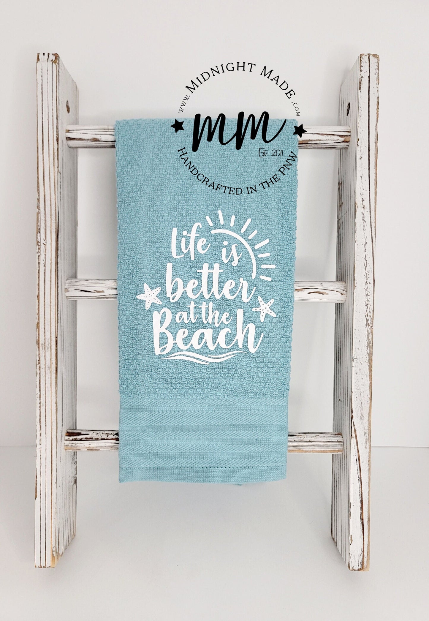 Life is better at the Beach decor, funny camp vacation towel decor Midnight Made