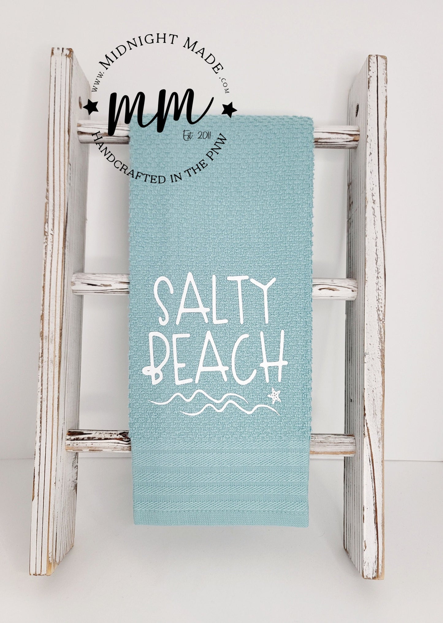 Salty Beach kitchen towel snarky decor, funny cabin camp vacation towel decor Midnight Made