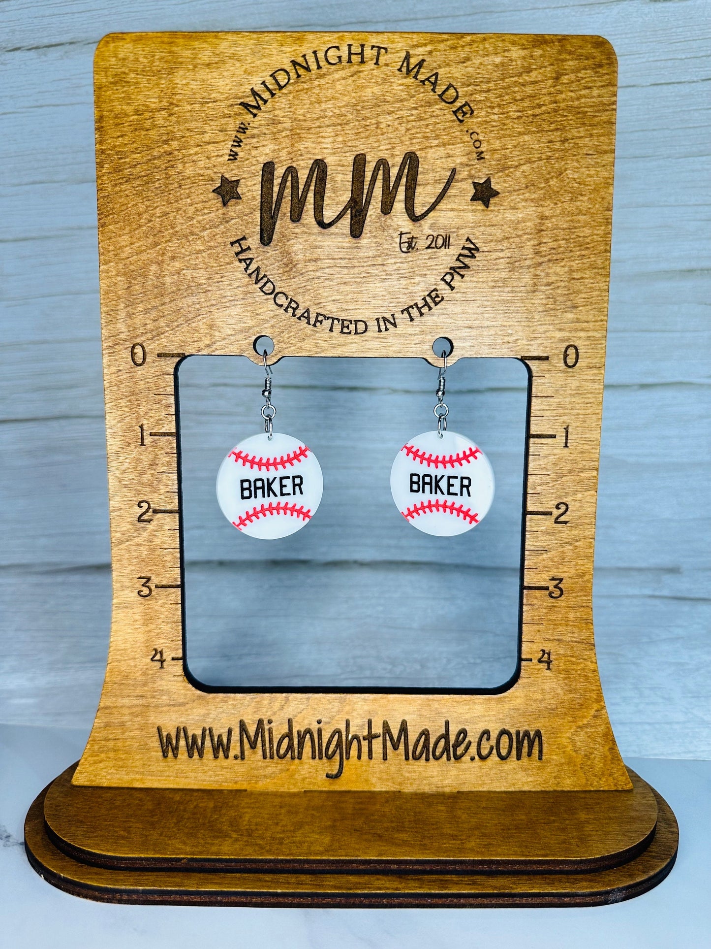 Baseball Earrings. Custom name or player number. Lightweight. Cute. Midnight Made