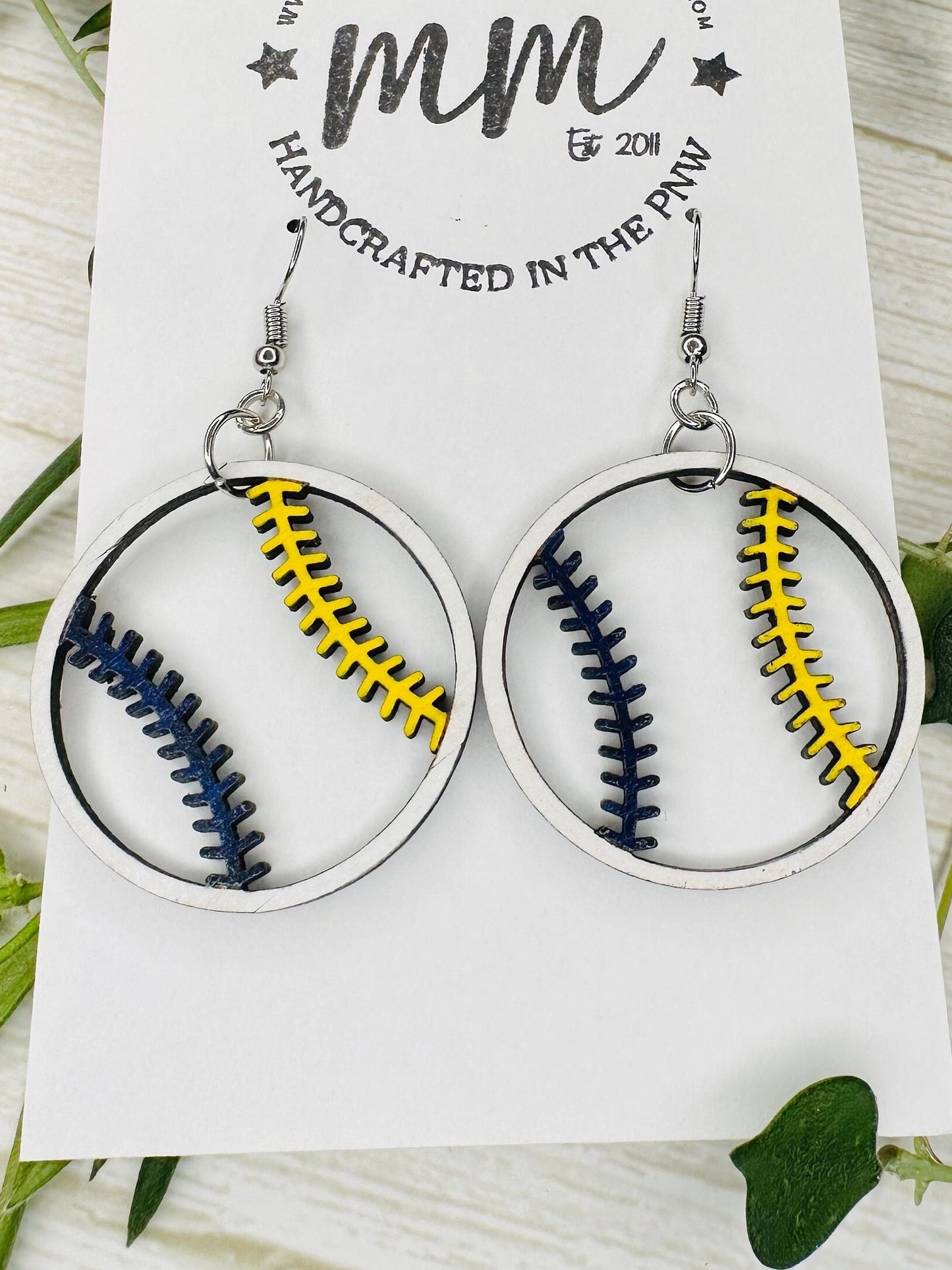 Baseball wood, hand painted, vegan earrings Midnight Made, custom colors, personalized team
