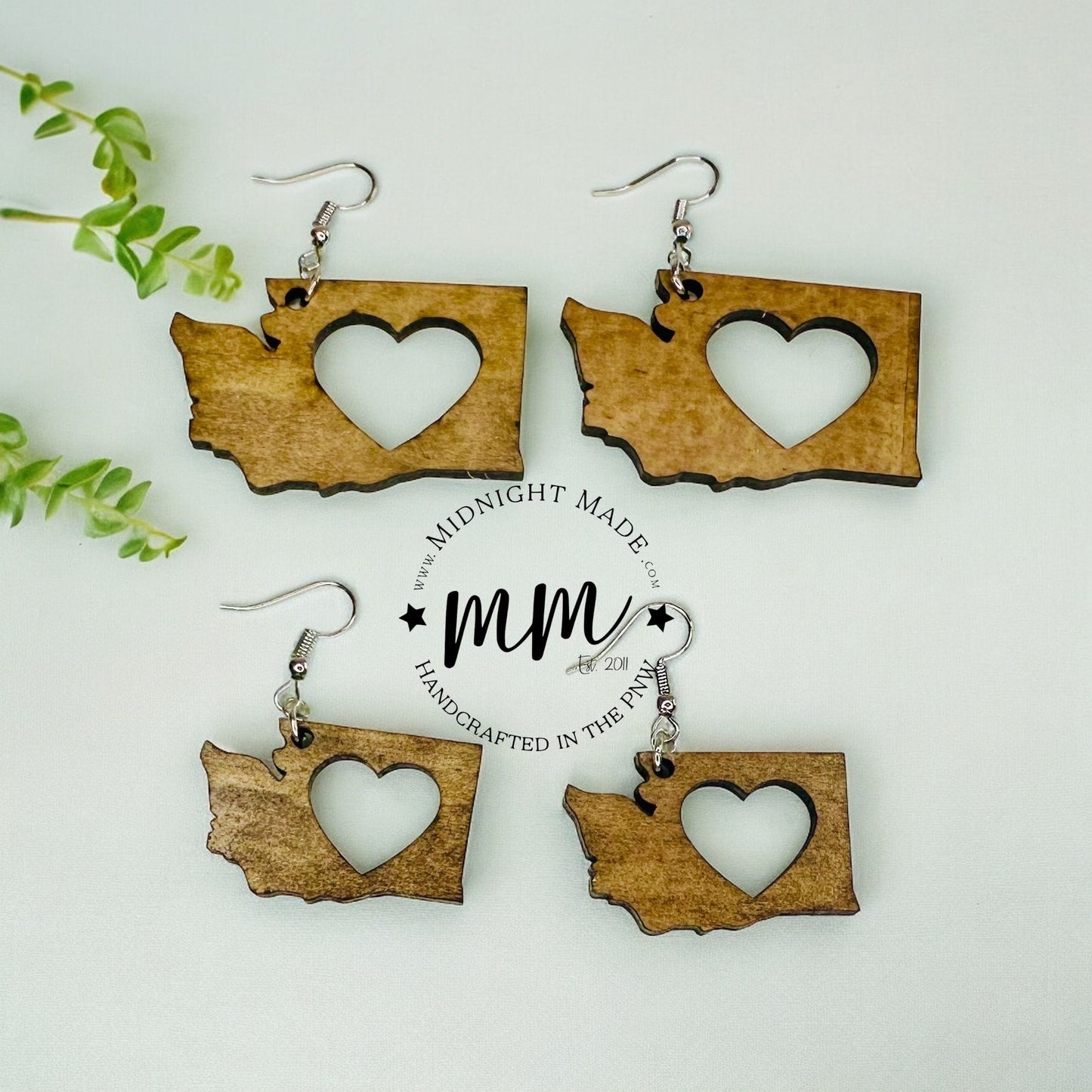 Washington State Shape wood earrings Midnight Made, handmade light weight Seattle, WA earrings with heart cutout