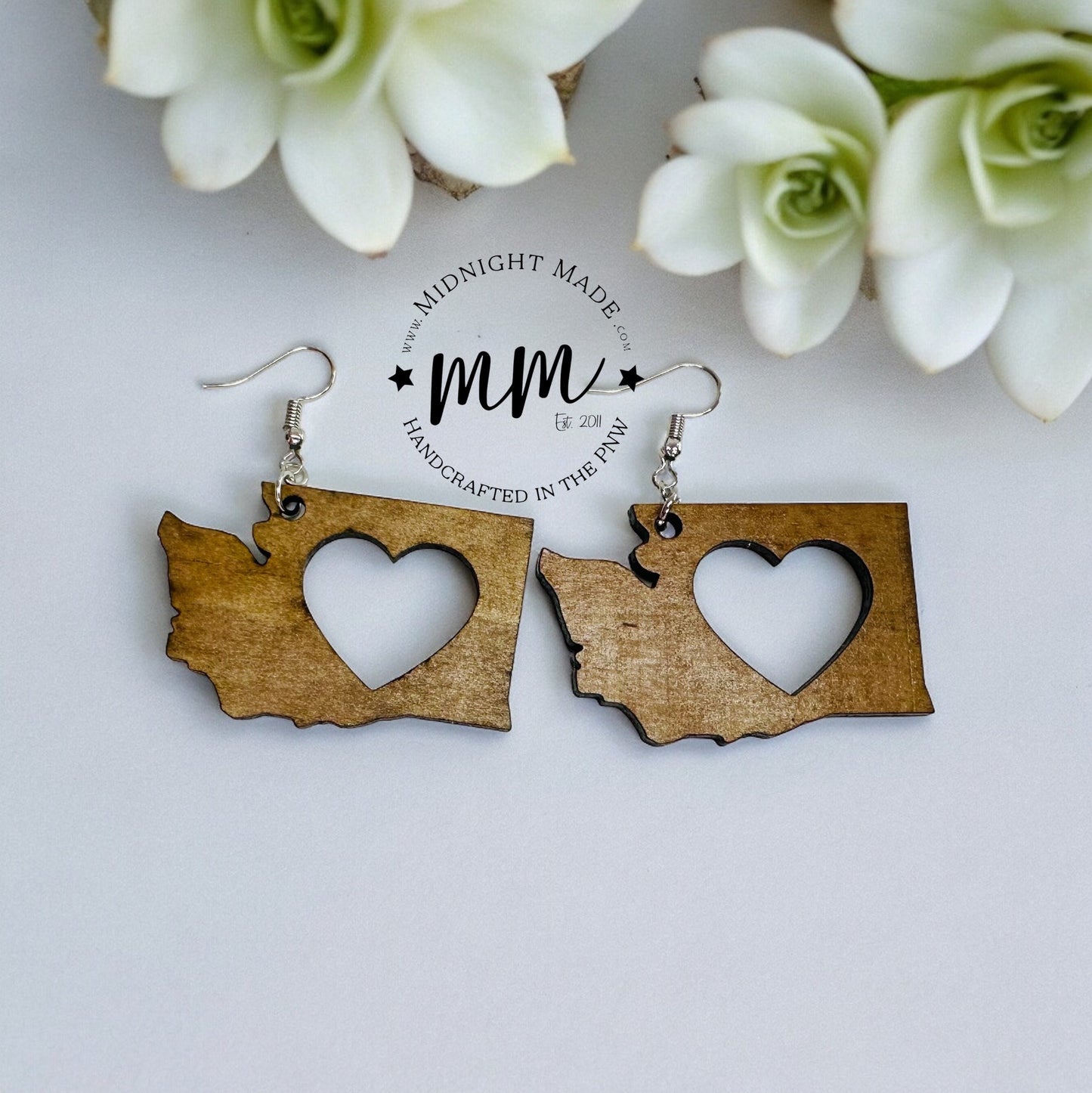 Washington State Shape wood earrings Midnight Made, handmade light weight Seattle, WA earrings with heart cutout