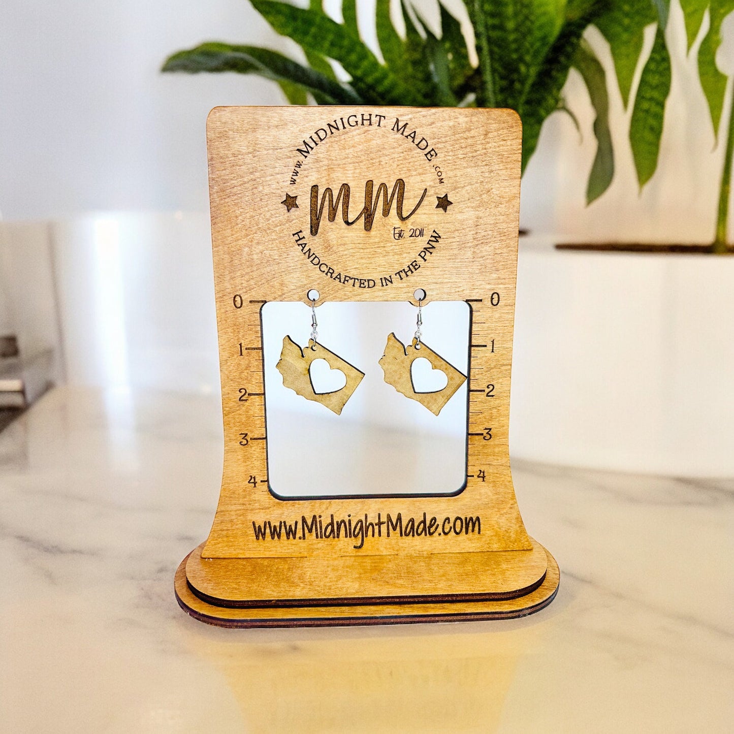 Washington State Shape wood earrings Midnight Made, handmade light weight Seattle, WA earrings with heart cutout