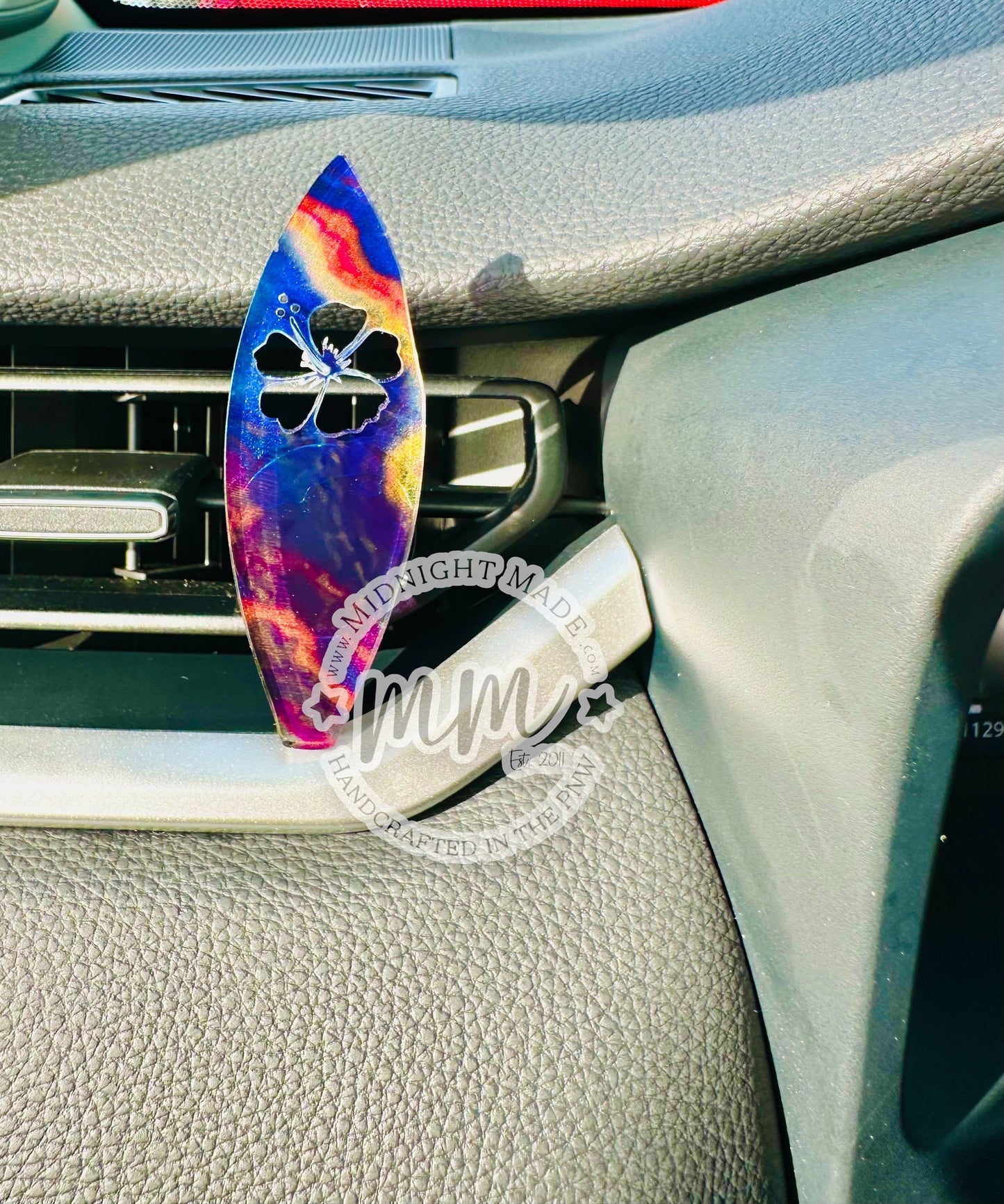 Surfboard Air Vent Diffuser Car Charm. Surfing Suncatcher air freshener for essential oil. (Hawaii iridescent beachy flower)
