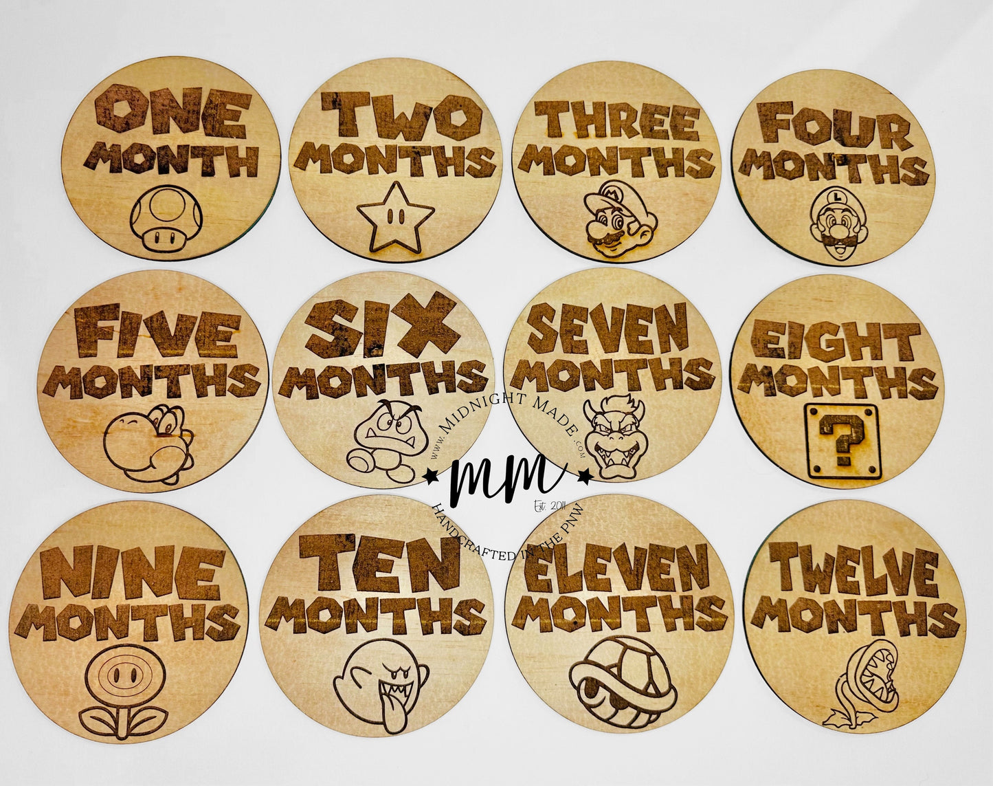 Super Mario Brothers monthly milestone markers. Mario theme baby shower gift. Wood months photo signs