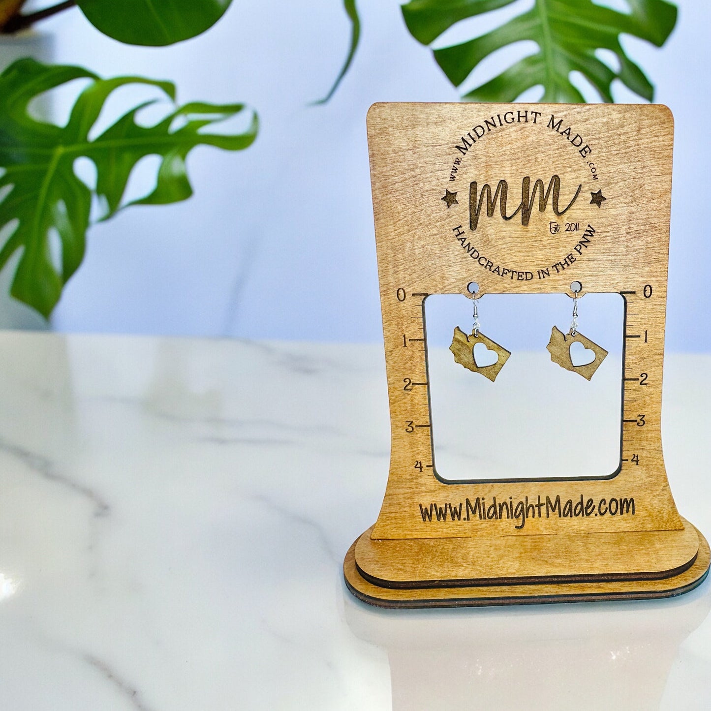 Washington State Shape wood earrings Midnight Made, handmade light weight Seattle, WA earrings with heart cutout