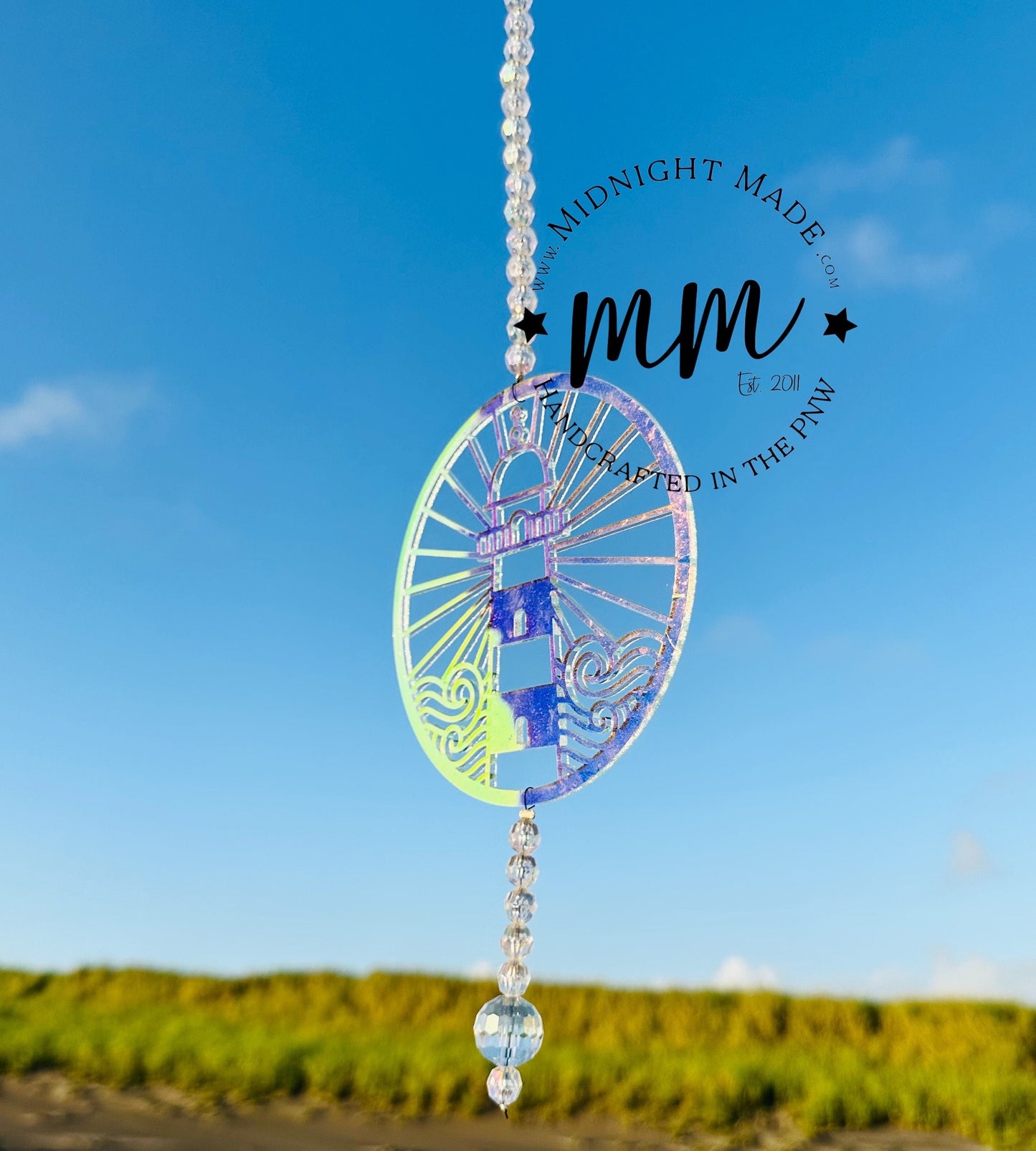 Light House Suncatcher wall hanging window spinning mandala iridescent rainbow decor