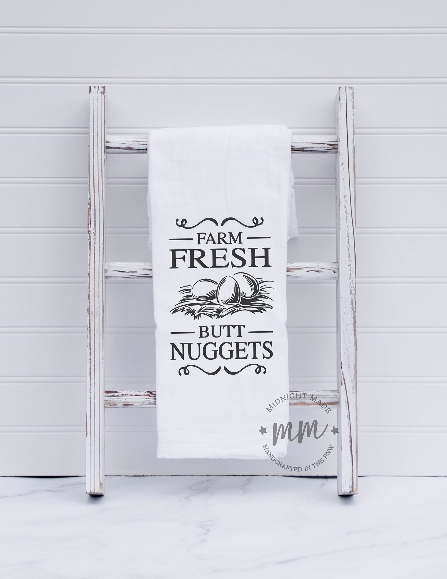 Farm fresh butt nuggets, chicken egg towel, kitchen towel, funny towel, novelty towel farmhouse towel, chicken decor towel Midnight Made