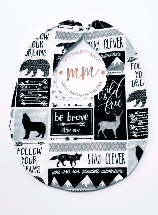 Waterproof reversible baby bib, toddler children's Bib. Stay Wild. Be Brave. Midnight Made