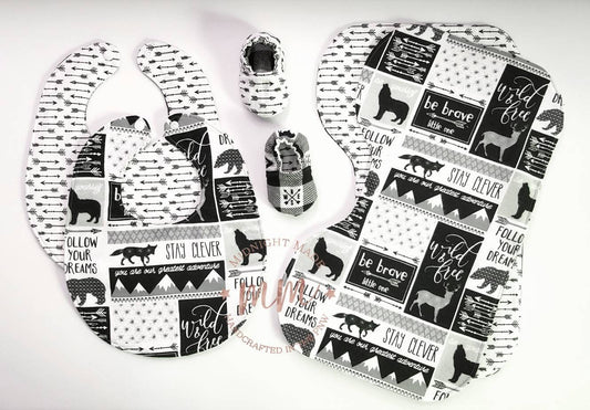 Waterproof reversible baby set, baby bib bandana, burp cloth, baby shoes baby mocs, toddler children Bib. Stay Wild. Be Brave Midnight Made
