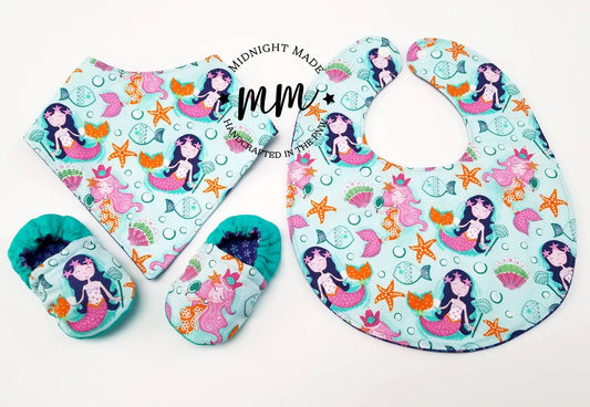 Mermaid and purple flowers Reversible baby set, baby bib, bib bandana, baby shoes baby mocs, toddler children's Bib. Midnight Made