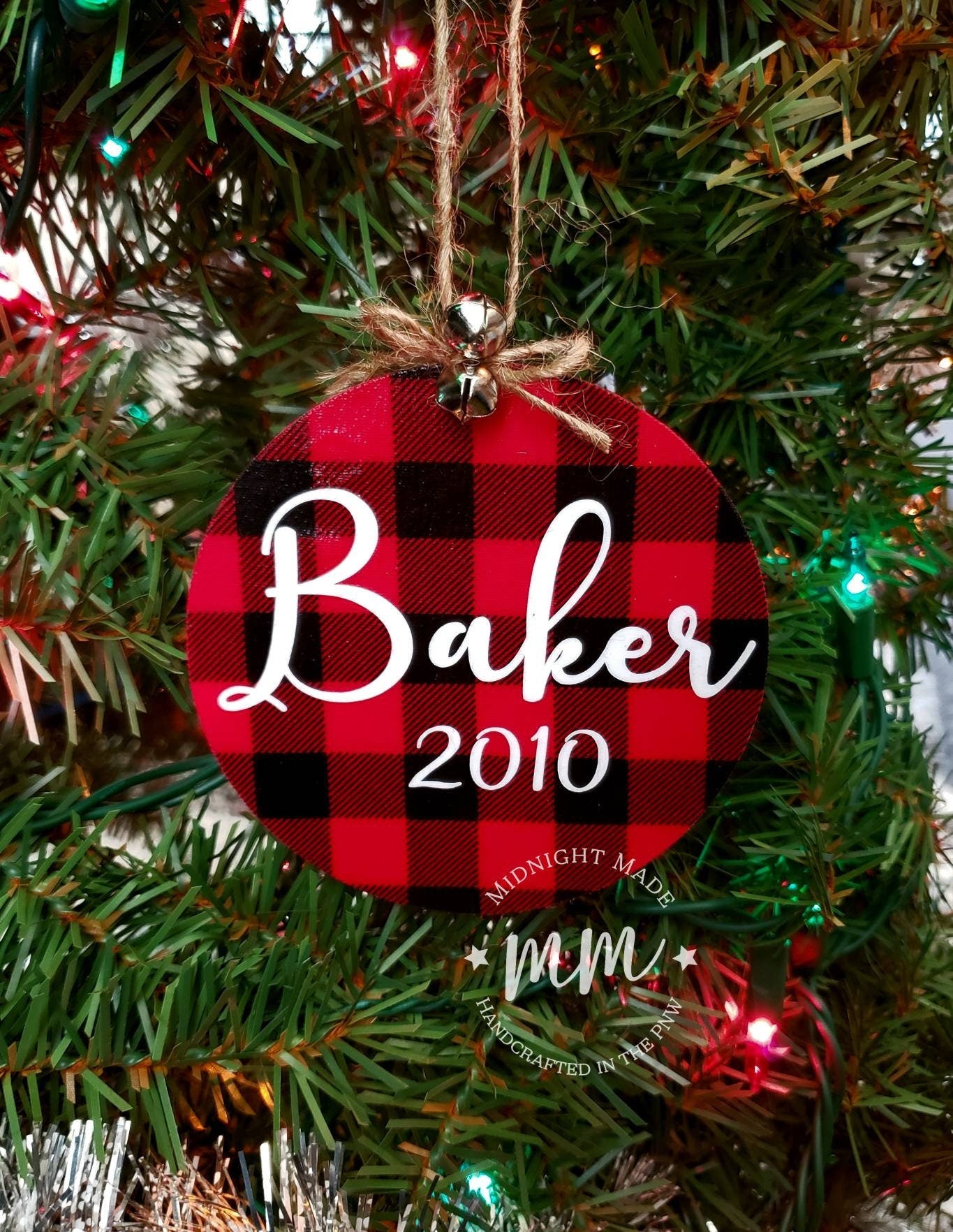 Personalized custom buffalo plaid Christmas tree ornaments Midnight Made family name