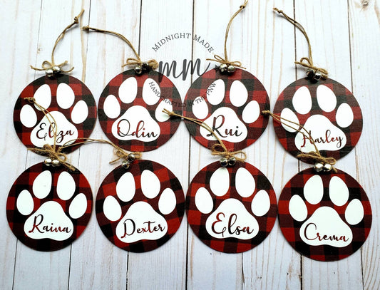 Custom Paw Print, Dog, Cat, Pet family ornament buffalo plaid Wood Christmas tree ornament Midnight Made