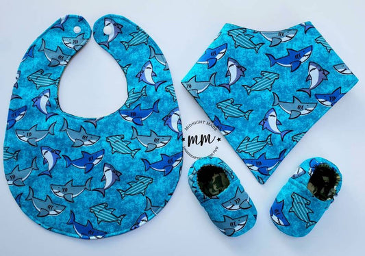 Baby shark and Dinosaur camo reversible baby set, baby bib, bib bandana, baby shoes baby mocs, toddler children's Bib. Midnight Made