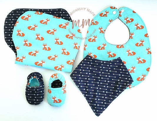 Fox and arrow waterproof reversible baby set, baby bib, bib bandana, burp cloth, baby shoes baby mocs, toddler children's Bib. Midnight Made
