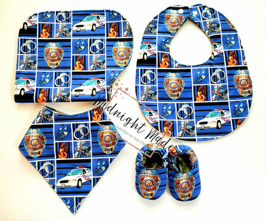 Law Enforcement Police Sheriff State Trooper baby set, baby bib, bib bandana, burp cloth, baby shoes baby mocs, toddler child. Midnight Made