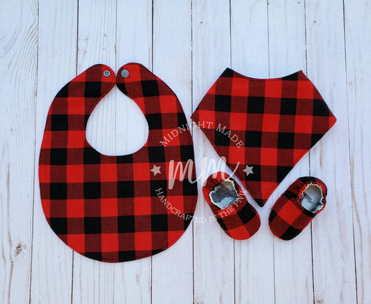 Woodland animal, buffalo plaid, nature, reversible baby set, baby bib, bandana, baby shoes baby mocs, toddler children's Bib Midnight Made