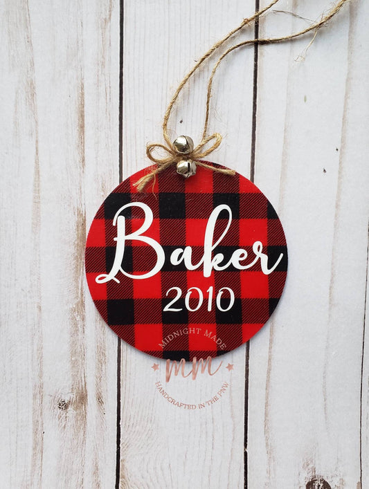 Personalized custom buffalo plaid Christmas tree ornaments Midnight Made family name