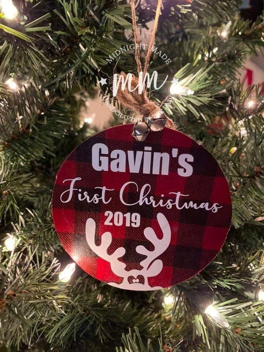 1st Christmas First Christmas Ornament, Personalized custom buffalo plaid Christmas tree ornament Midnight Made
