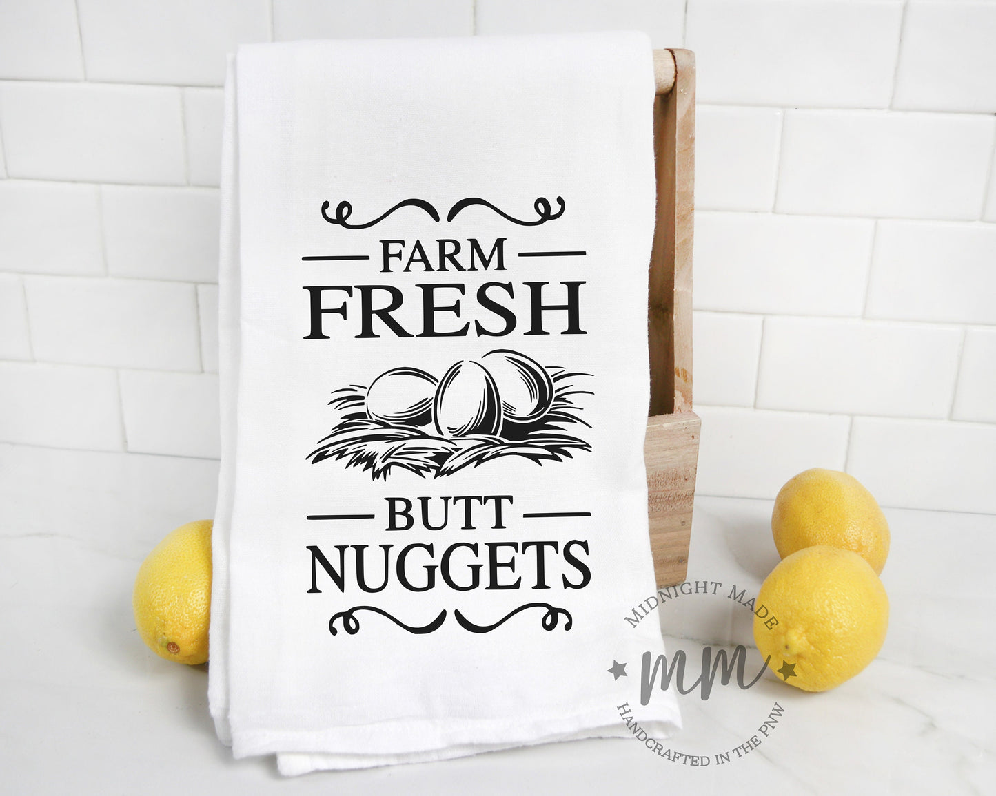 Farm fresh butt nuggets, chicken egg towel, kitchen towel, funny novelty farmhouse gift towel, chicken decor towel Midnight Made