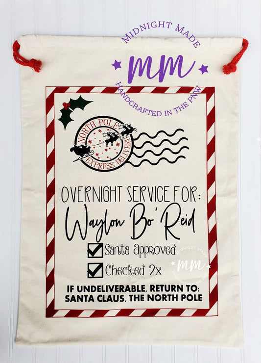 Personalized Christmas Canvas Santa gift bag, nice list, naughty list, secret santa, red truck north pole Midnight Made