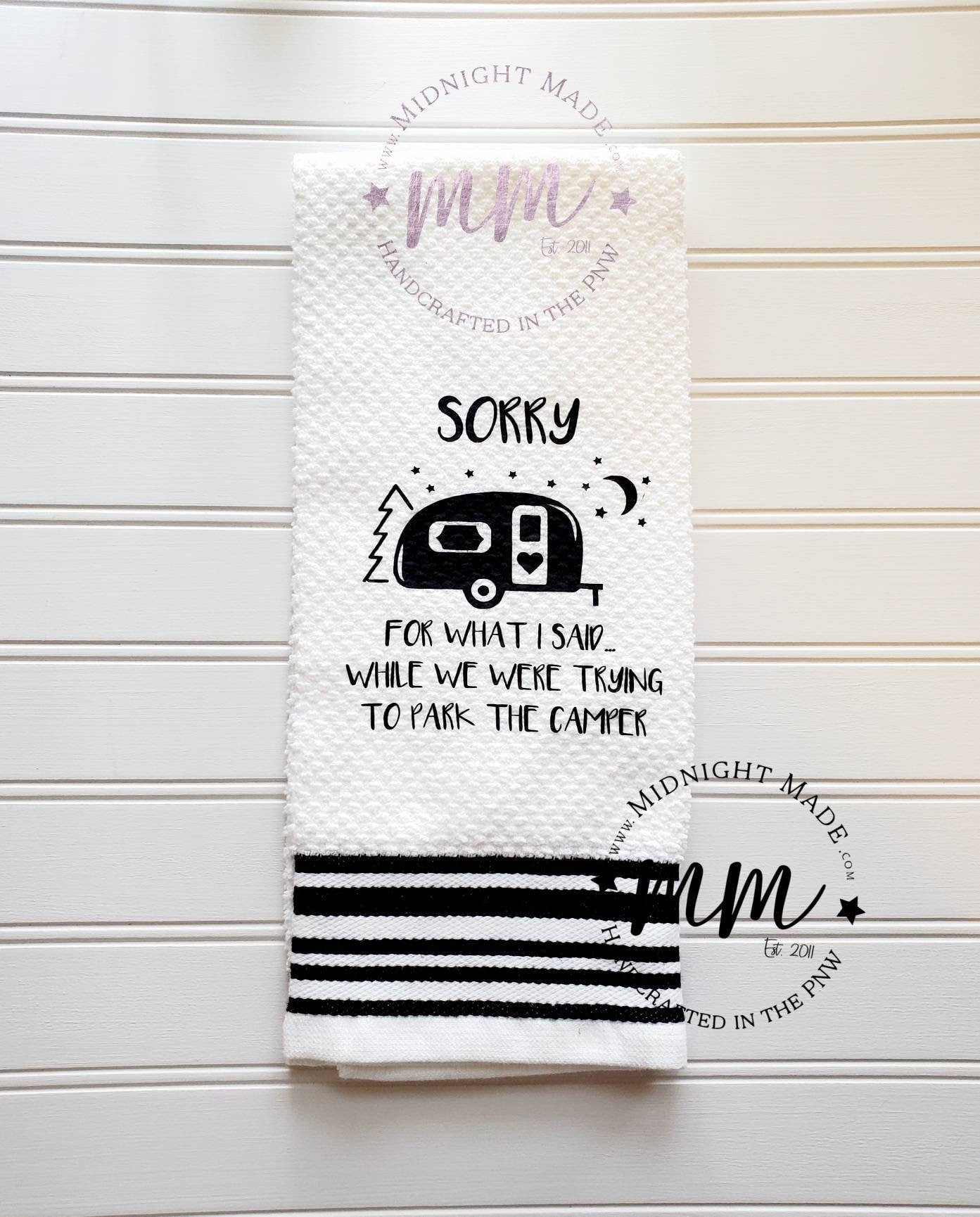 Lets get Toasted Camping towel, pop up camper decor, funny towel decor Midnight Made