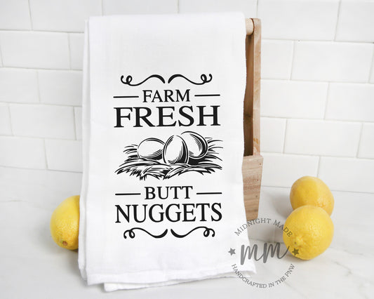Farm fresh butt nuggets, chicken egg towel, kitchen towel, funny towel, novelty tea towel Midnight Made