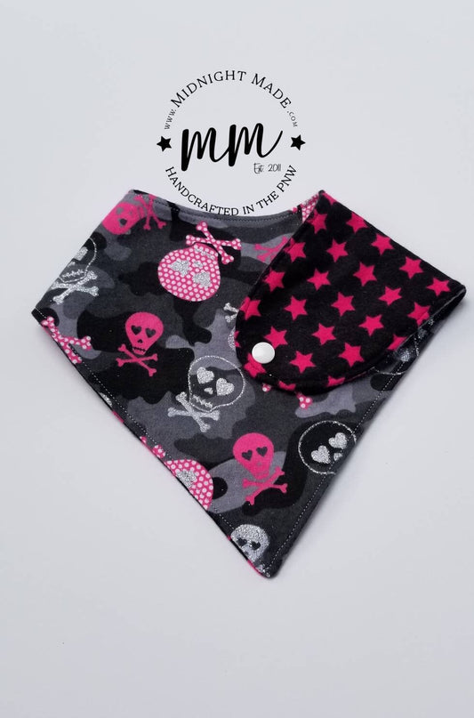 Double sided REVERSIBLE baby bib bandana, shimmer skulls pink stars toddler children's Bib Midnight Made