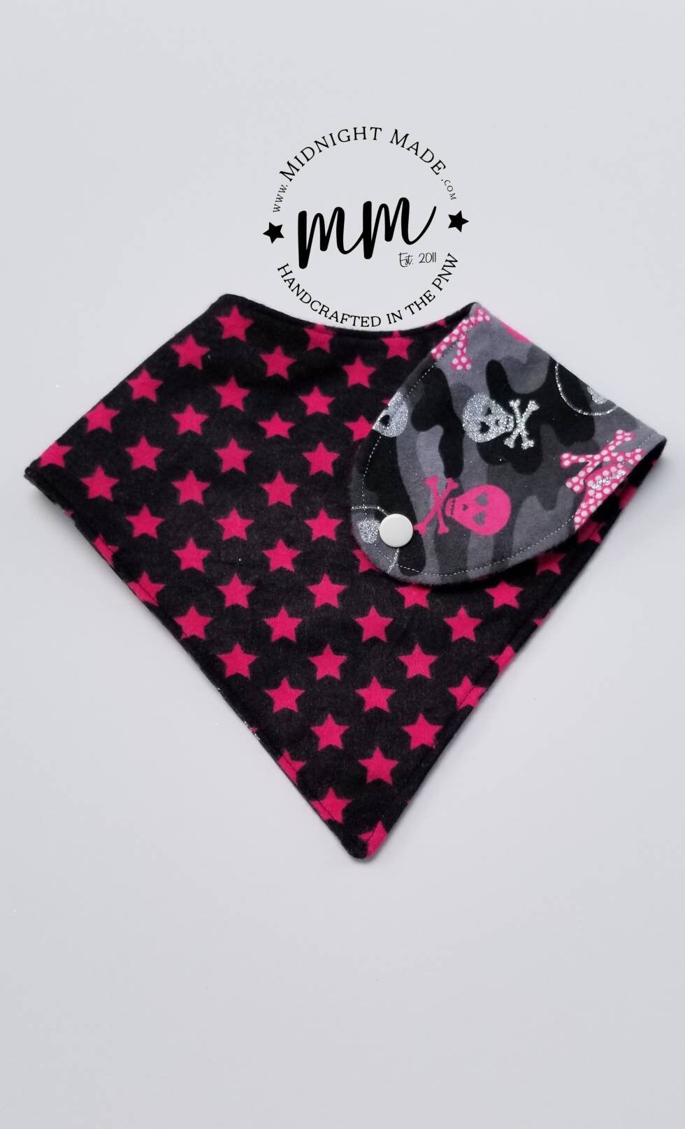 Double sided REVERSIBLE baby bib bandana, shimmer skulls pink stars toddler children's Bib Midnight Made