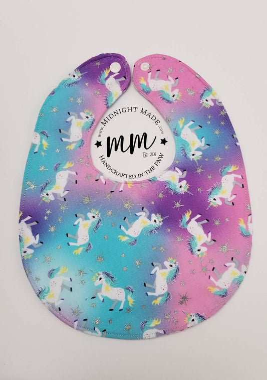 Double sided REVERSIBLE baby bib rainbow unicorn stars toddler children's Bib Midnight Made