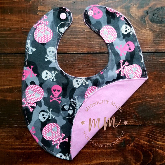 Double sided REVERSIBLE baby bib, shimmer skulls pink toddler children's Bib Midnight Made