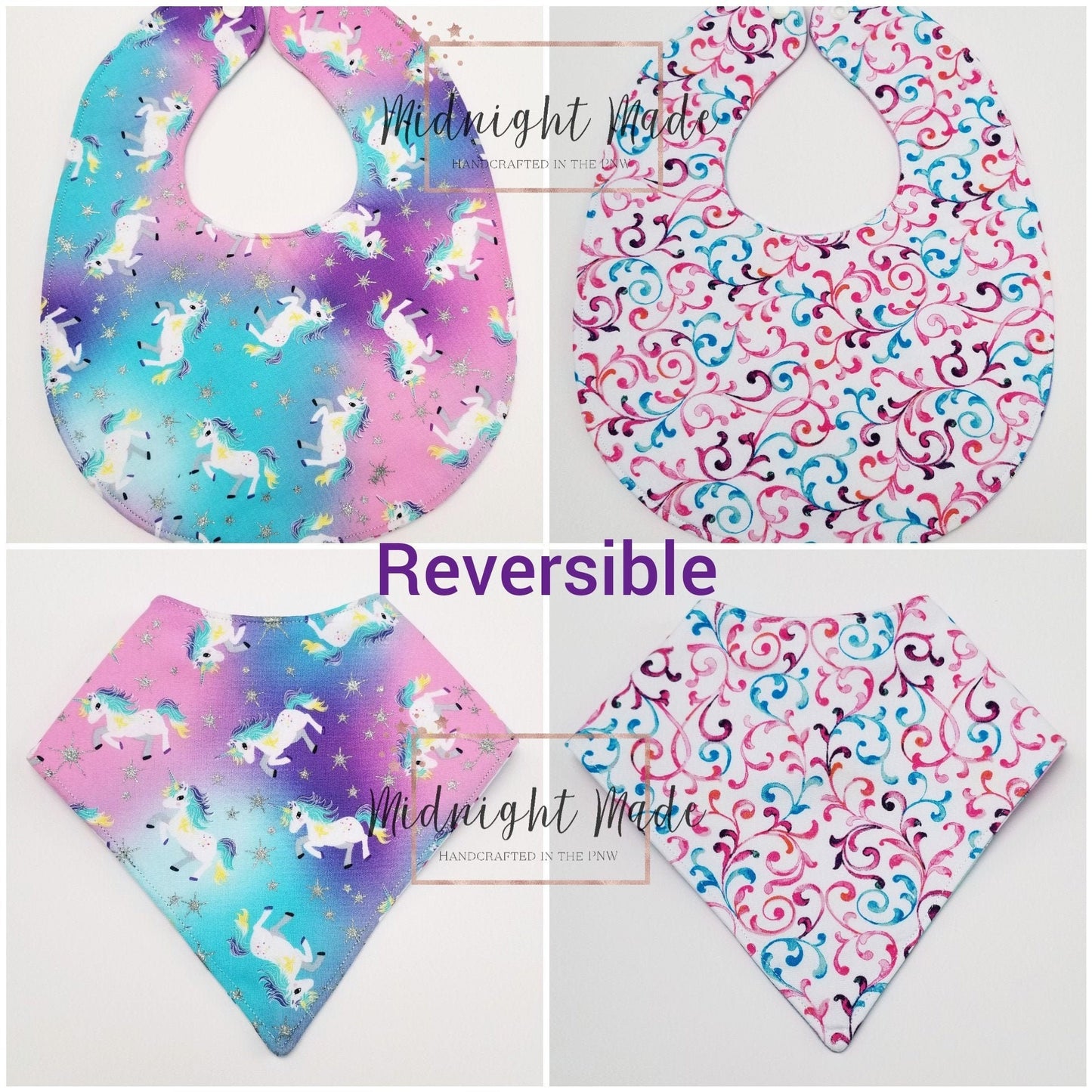 Double sided REVERSIBLE baby bib bandana rainbow unicorn stars toddler children's Bib Midnight Made