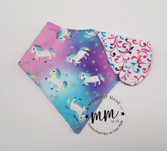 Double sided REVERSIBLE baby bib bandana bib rainbow unicorn stars toddler children's Bib Midnight Made