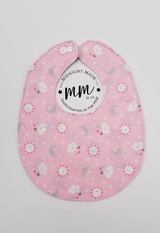 Double sided REVERSIBLE baby bib pink clouds moon sun stars argyle toddler children's Bib Midnight Made