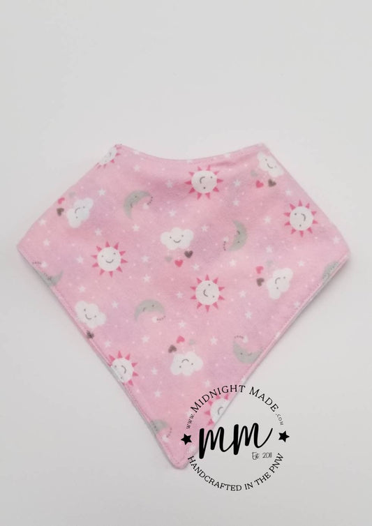 Double sided REVERSIBLE baby bib bandana star moon cloud sun pink toddler children's Bib Midnight Made