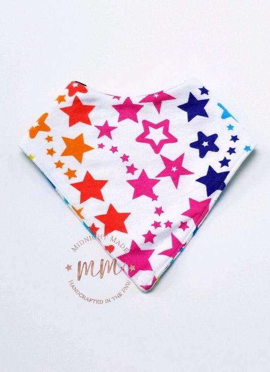 Double sided REVERSIBLE baby bandana bib, rainbow stars, rainbow hearts toddler children's Bib Midnight Made Bibdana