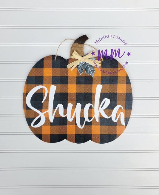 Buffalo Plaid Sunflower Pumpkin fall door hang decor. Midnight Made. Orange Navy plaid pumpkin