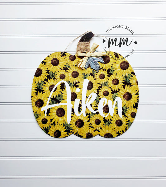 Buffalo Plaid Sunflower Pumpkin fall door hang decor. Midnight Made. Sunflower Pumpkin