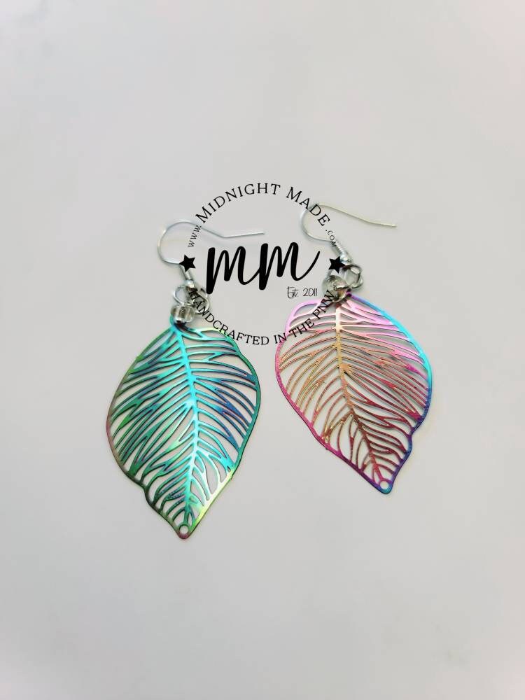 Shimmer Shiny Rainbow Tropical Leaf Earrings with Gold
