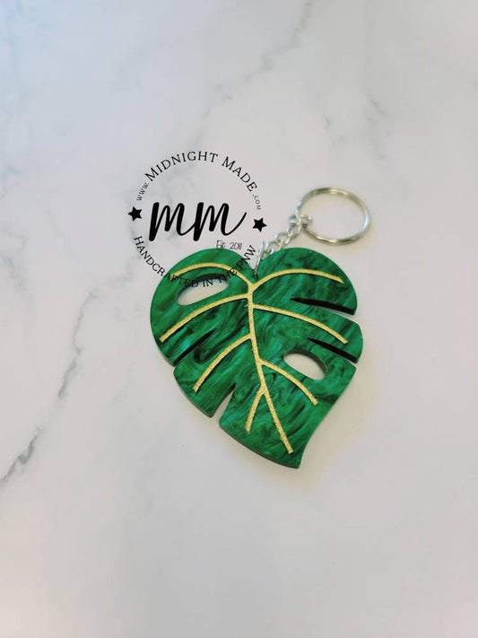 Shimmer Green Monstera Leaf keychain with Gold accent Midnight Made