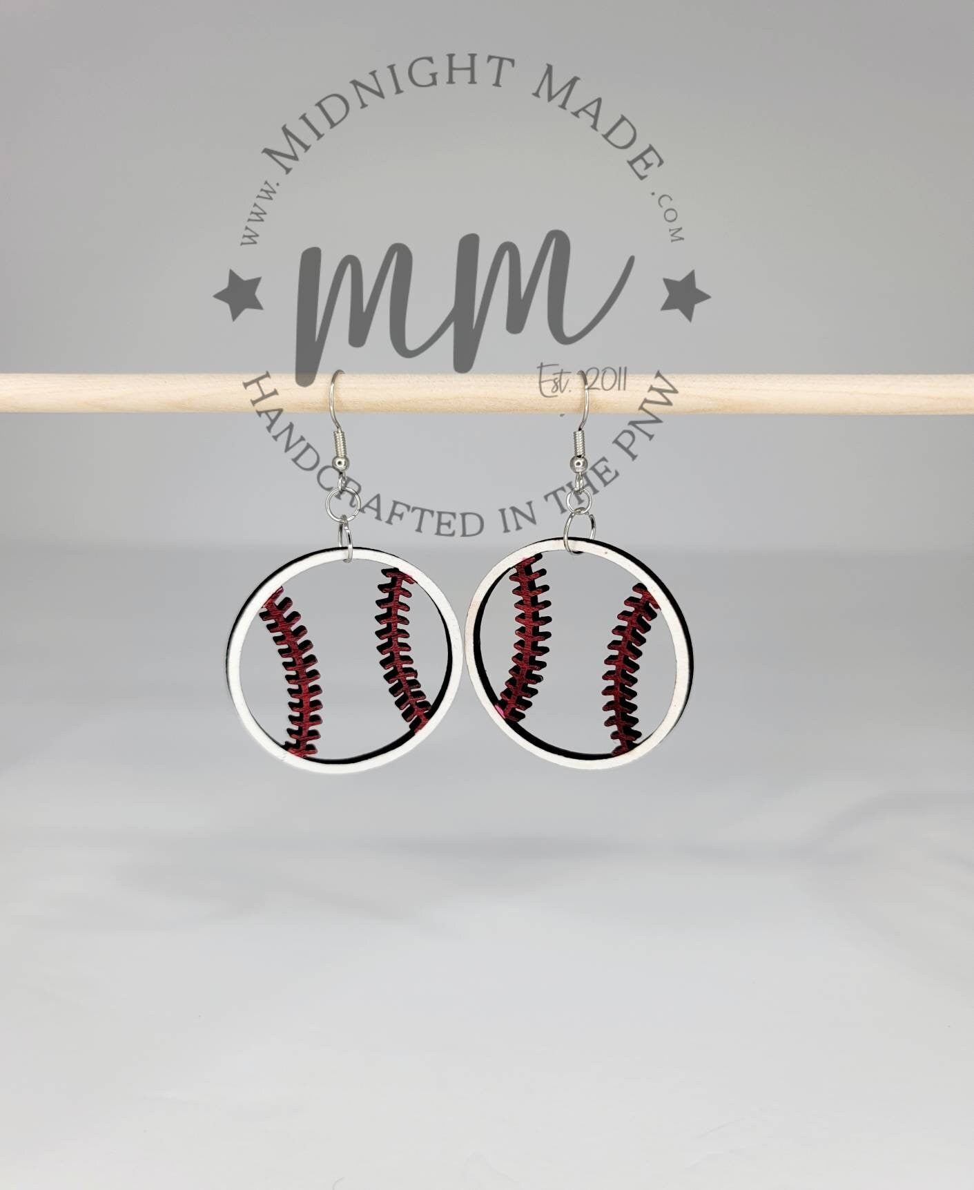 Baseball wood, hand painted, vegan earrings Midnight Made, custom colors, personalized team