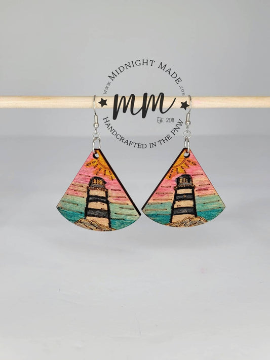 Wood Lighthouse Sunset Coastal Earrings