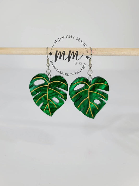 Shimmer Green Monstera Leaf Earrings with Gold