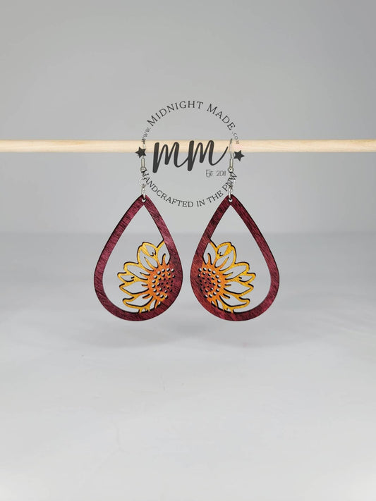 Wood Sunflower Summer Dangle Sunflower Earrings