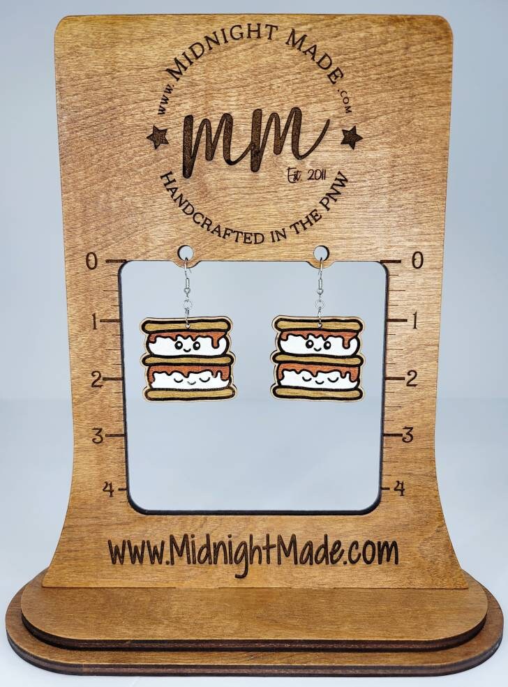 Smores marshmallow campfire  Camping Wood Dangle Earrings Midnight Made Double