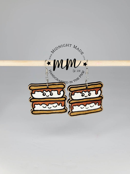 Smores marshmallow campfire  Camping Wood Dangle Earrings Midnight Made Double