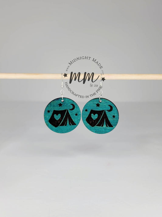 Camping Tent outdoor Wood hand painted dangle Earrings Midnight Made